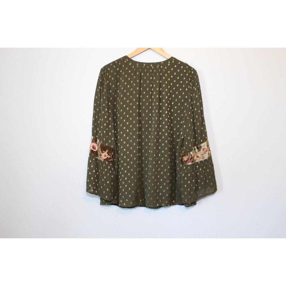 Chico's Dot Jacquard Peasant Top Green Gold Metallic Floral Size 2 12 H14724 - Picture 9 of 11